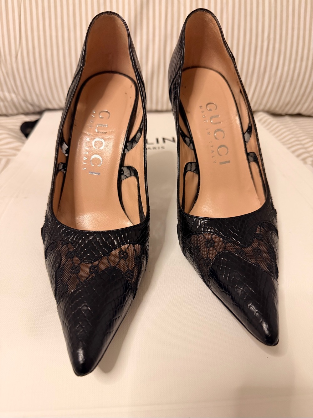 Gucci Black Lace and Snakeskin Pointed Toe Pumps